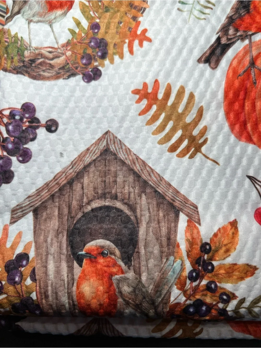 Autumn Birdhouse Textured Fabric Shower Curtain Birds Pumpkins Leaves Wreath